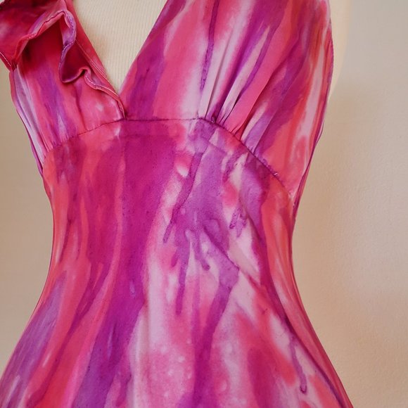 Silk ruffle Short Dress 4 6 8 bridesmaid party tie dyed painted purple pink blue - Picture 7 of 7